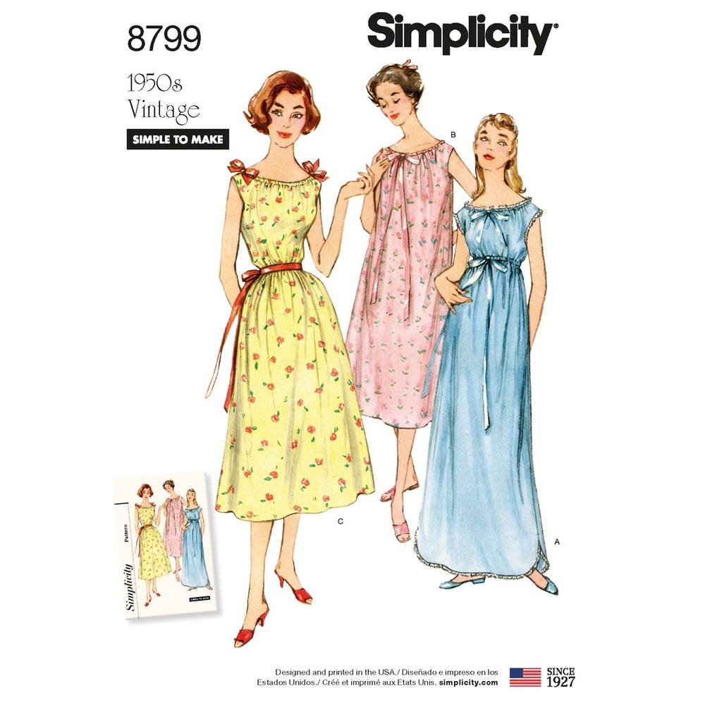 Simplicity 1950's MISSES' VINTAGE NIGHTGOWNS 8799 Size (XS - XL)